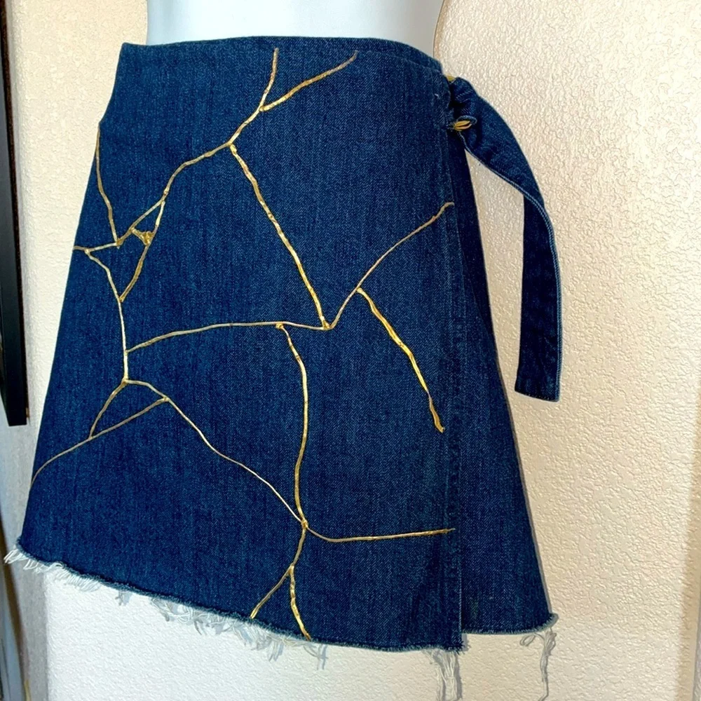 “Kintsugi” style OOAK SKIRT, Women's 8 gold embellishment, wrap, denim, raw hem.